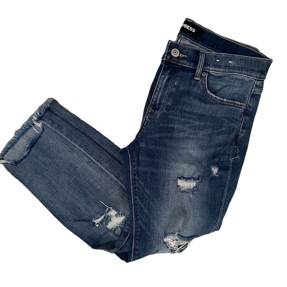 Express Mid Rise Medium Wash Ripped Raw Hem Skinny Ankle Jeans 8S - Picture 5 of 6